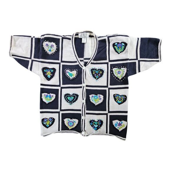 Vtg Patchwork Hearts Cardigan Sweater Medium Embroidered Short Sleeve Blue White - Picture 1 of 9